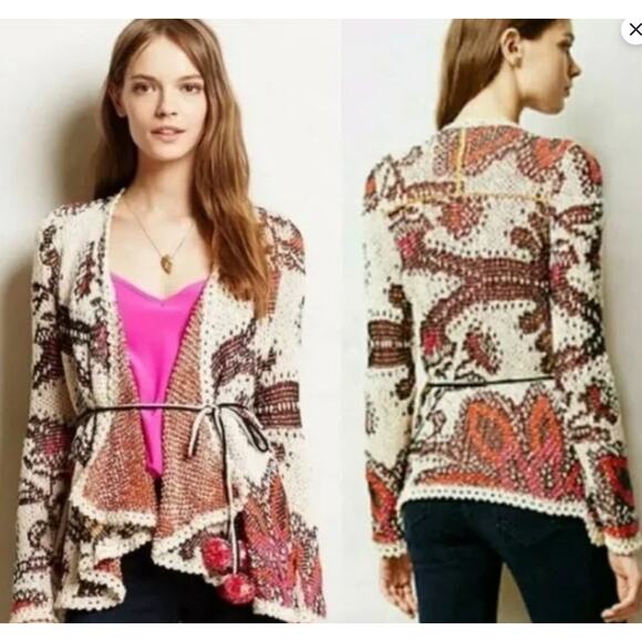 Moth Waterfall Mixed Knit Belted Textured Ivory Cardigan. Medium. - Picture 1 of 3